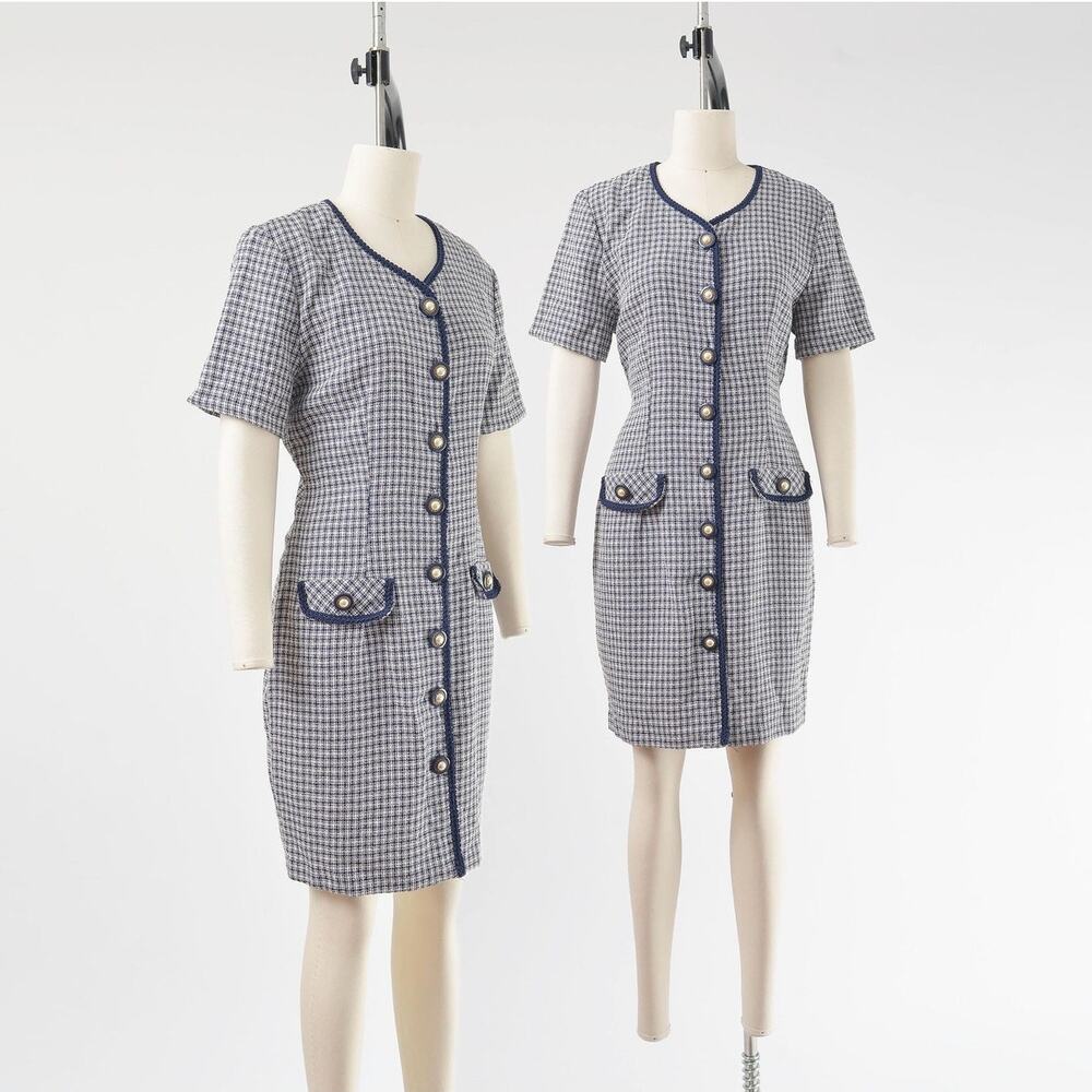 Vintage 90s Navy Plaid Pearl Button Front Sheath Dress size M